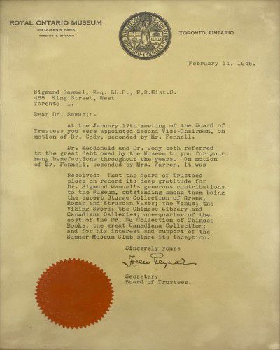 Original Letter from the ROM Recognizing Sigmund Samuel and his Philanthropic Contributions